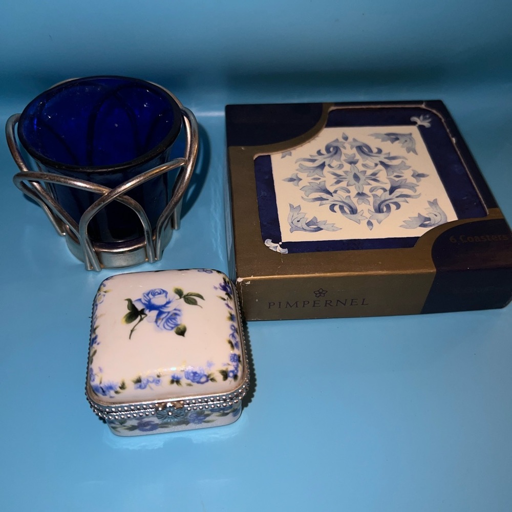 Blue bundle home decor coasters, candle & trinket box